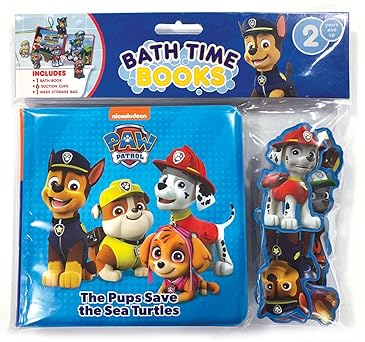 Paw Patrol The Pups Save the Sea Turtles Bath Time Books - Activity Books for kids, Bath book, 6 Padded suction cups, 1 Mesh bag