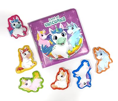 Unicorns Bath Time Books - Activity Books for kids, Bath book, 6 Padded suction cups, 1 Mesh bag