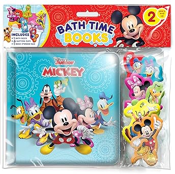 Disney Junior Mickey Bath Time Books - Activity Books for kids, Bath book, 6 Padded suction cups, 1 Mesh bag